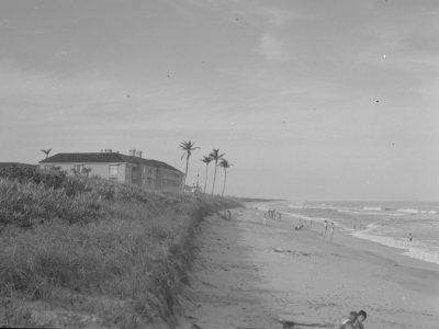 Vintage photo of shoreline with condos and palm trees